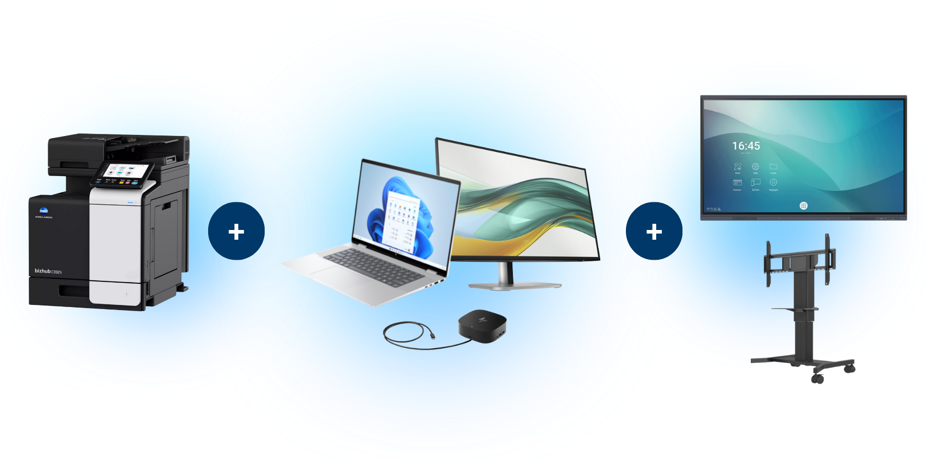 Imprimante bizhub KM, Laptop HP, écran Speechi