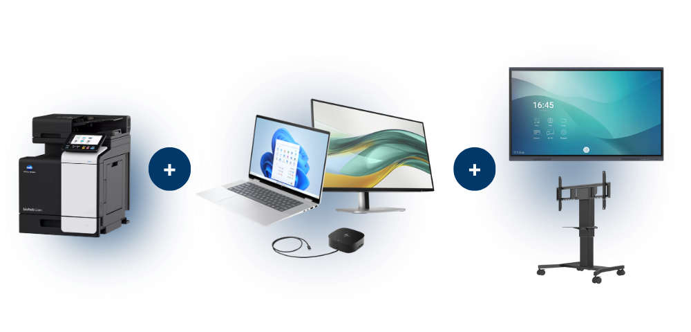 Imprimante bizhub KM, Laptop HP, écran Speechi