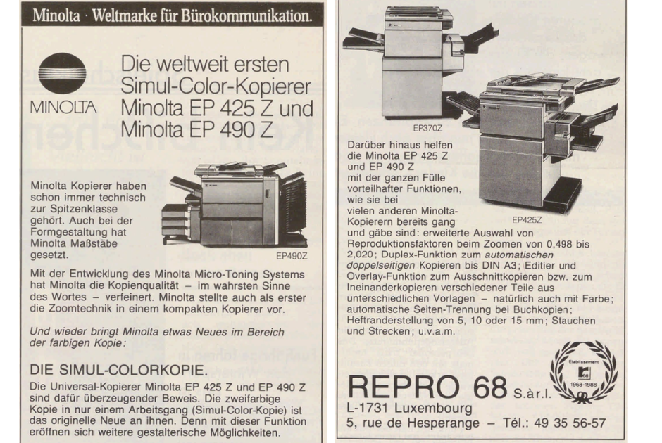 annonce wort en 1989, présentant les Minolta EP 425 Z et EP 490 Z vendu par CK au Luxembourg